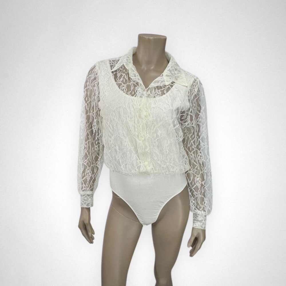Vintage SITTING PRETTY Medium Ivory Lace Long‎ Sleeve Bodysuit Casual